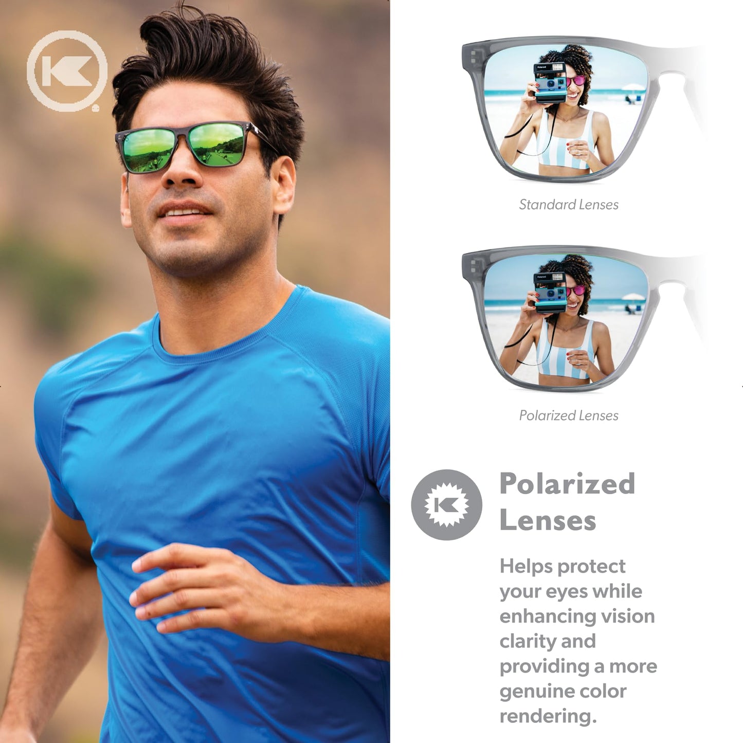 Knockaround Fast Lanes Sport - Polarized Running Sunglasses for Women & Men - Impact Resistant Lenses & Full UV400 Protection, Clear Grey Frame/Green