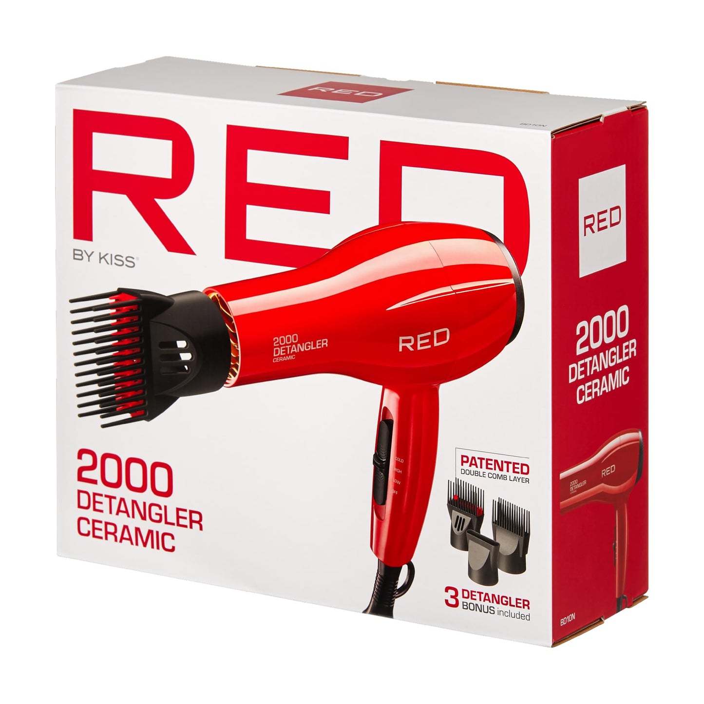 Red by Kiss 2000 Ceramic Hair Dryer, Professional Salon Blow Dryer 3 Attachments Included, 2 Detangler Piks, 1 Air Concentrator, Lightweight