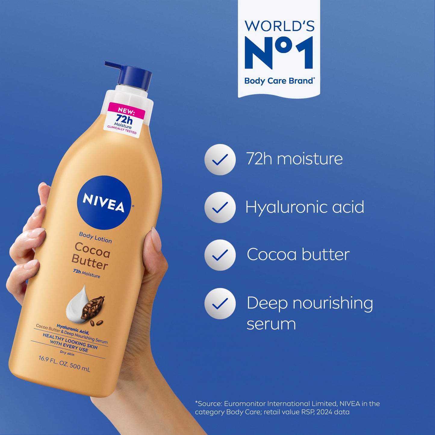 NIVEA Cocoa Butter Body Lotion for Dry Skin with Hyaluronic Acid, Cocoa Butter and Deep Nourishing Serum, 72-Hour Body Moisturizer, 16.9 Fl Oz Pump