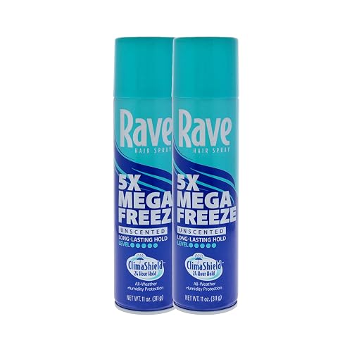 Rave 5X Mega Freeze Unscented Aerosol Hairspray by Rave - Heat Protection, Long Lasting Firm Hold - Minimizes Frizz and Static - 2 pc