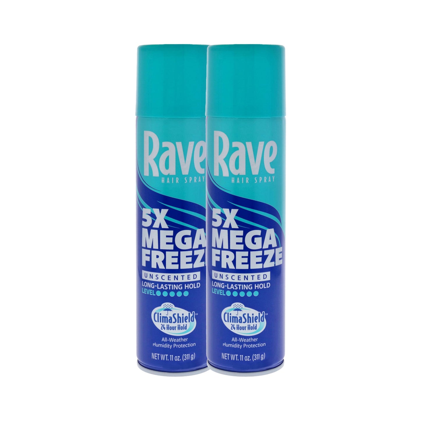 Rave 5X Mega Freeze Unscented Aerosol Hairspray by Rave - Heat Protection, Long Lasting Firm Hold - Minimizes Frizz and Static - 2 pc