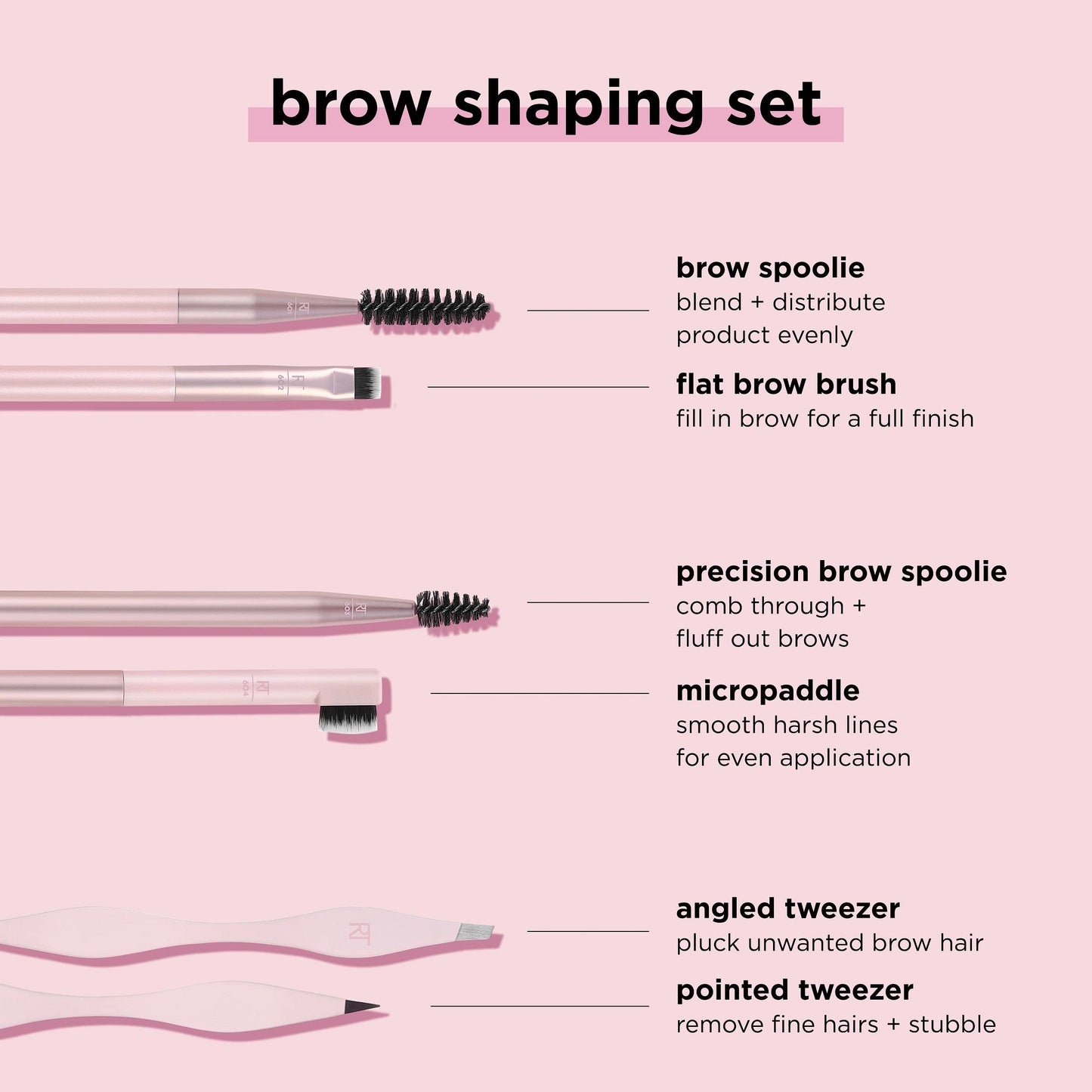 Real Techniques Brow Shaping Set, Spoolie, Tweezers & Brow Brushes, Dual-Ended Tools, For Styling, & Shaping Eyebrows, Get Full, Fluffy Brows