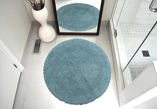 Saffron Fabs Bath Rug 100% Soft Cotton 36 Inch Round, Reversible-Different Pattern On Both Sides, Solid Arctic Blue Color, Hand Knitted Crochet Lace…