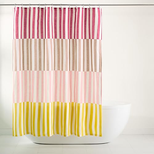 TOWN & COUNTRY PLAY Adeline Offset Stripe Cotton-Rich Breathable Fabric Shower Curtain with Anti-Rust Grommets, Pink/Beige/Yellow, 70"x72"