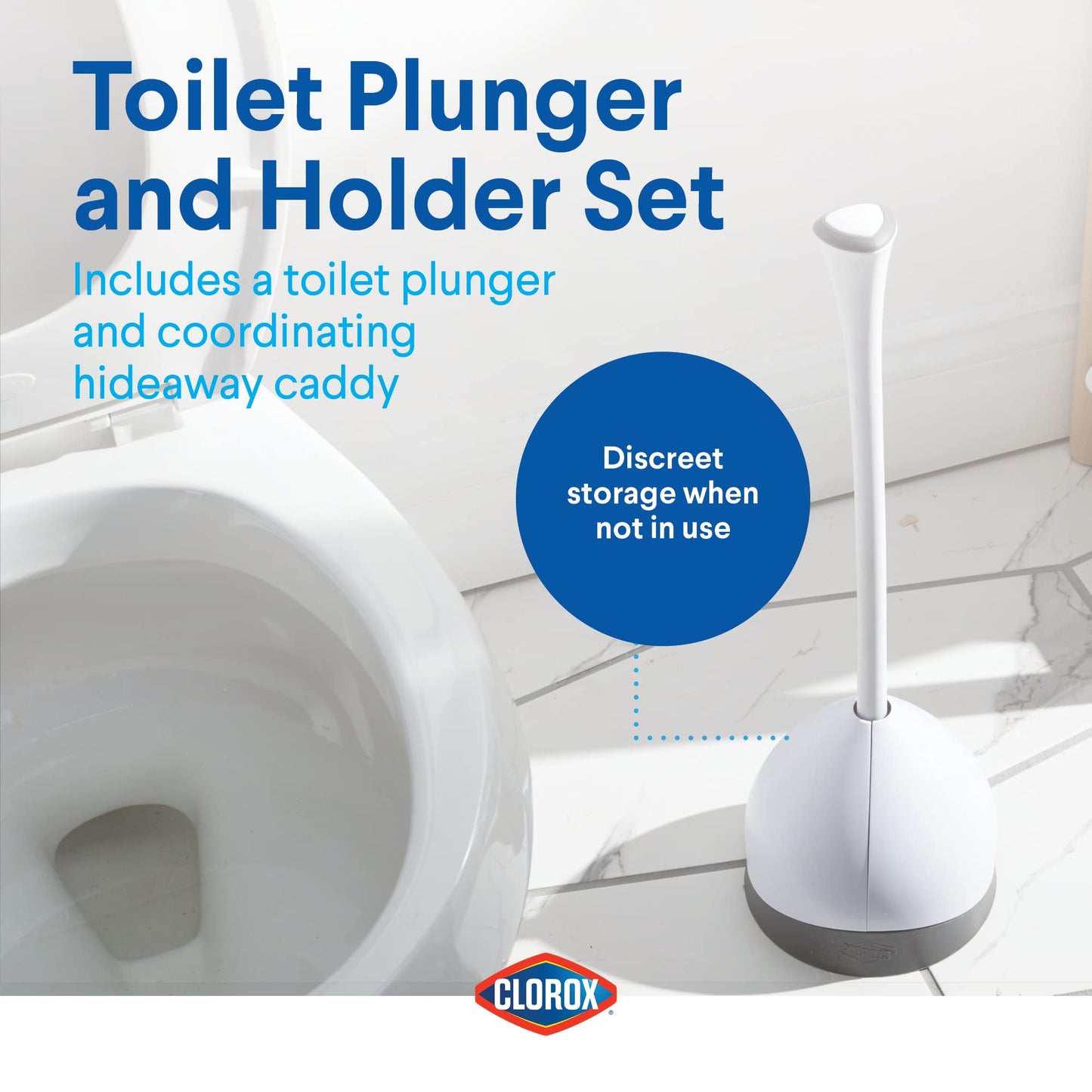 Clorox Toilet Plunger with Hideaway Caddy – Bathroom Plunger with Holder, Organizer & Storage for Toilet Unclogging