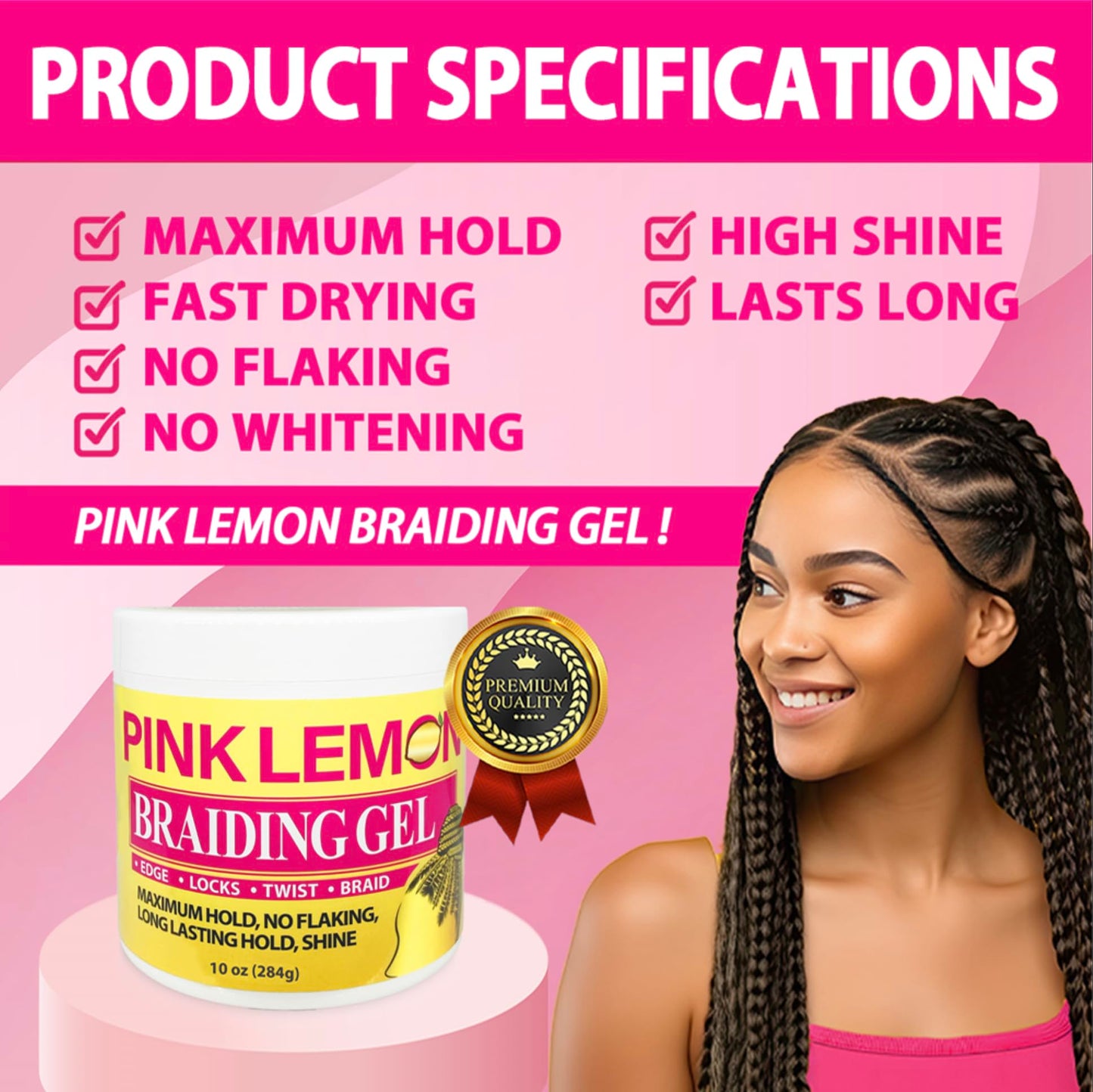 PINK LEMON Braiding Gel- Maximum Hold, No Flaking, Long Lasting Hold, High Shine. For Micro, Inter, Dread, Faux, Loc, Twist, Braid, Edge. (10 oz)
