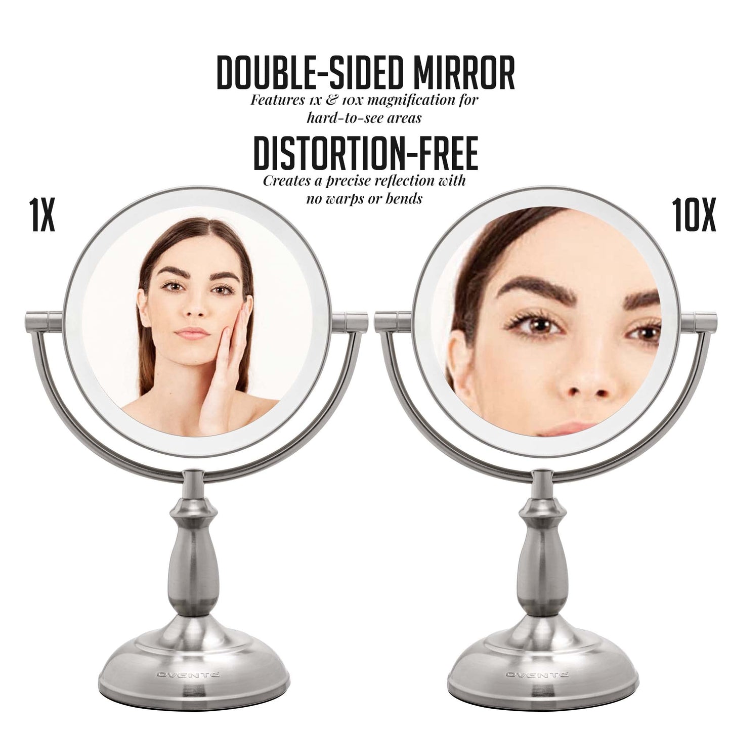OVENTE 8" Lighted Tabletop Makeup Mirror with 1X/10X Magnification, Double Sided Vanity Mirror, 360° Swivel Design, 3-Tone Smart Touch Glow LED Lights