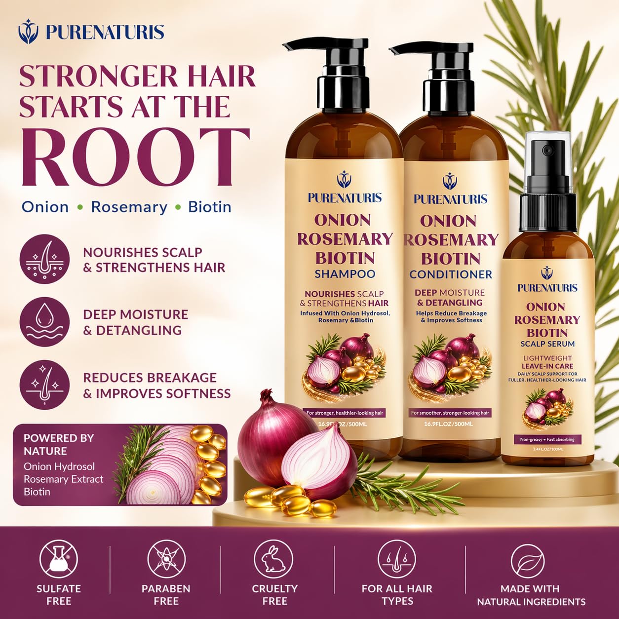 Onion Rosemary Biotin Hair Care Set - Sulfate Free Shampoo, Conditioner & Scalp Serum - Helps Strengthen Hair, Reduce Breakage & Support Fuller