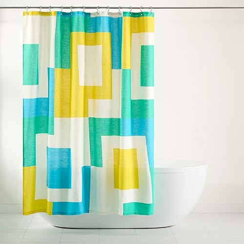 TOWN & COUNTRY PLAY Lucy Mid Century Squares Cotton-Rich Breathable Fabric Shower Curtain with Anti-Rust Grommets, White/Yellow/Green, 70"x72"