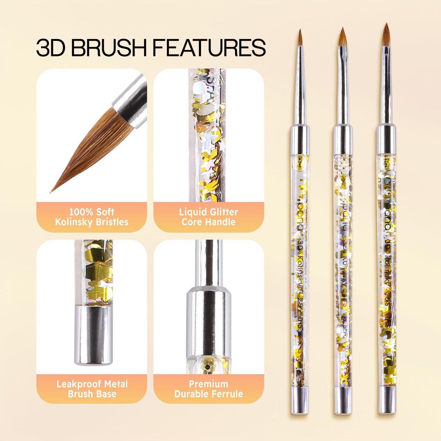 PANA Kolinsky 3D Acrylic Nail Brushes with Liquid Glitter Handle - For Professional Acrylic Powder Liquid Manicure Pedicure (Gold Color, Size #5) Beauty & Personal Care PANA