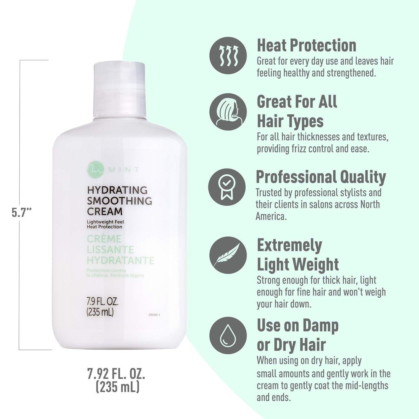 MINT Professional Series Hydrating Heat Protectant for Hair Extremely Light Weight Hair Smoothing Cream with Frizz Control for Damaged, Curly or