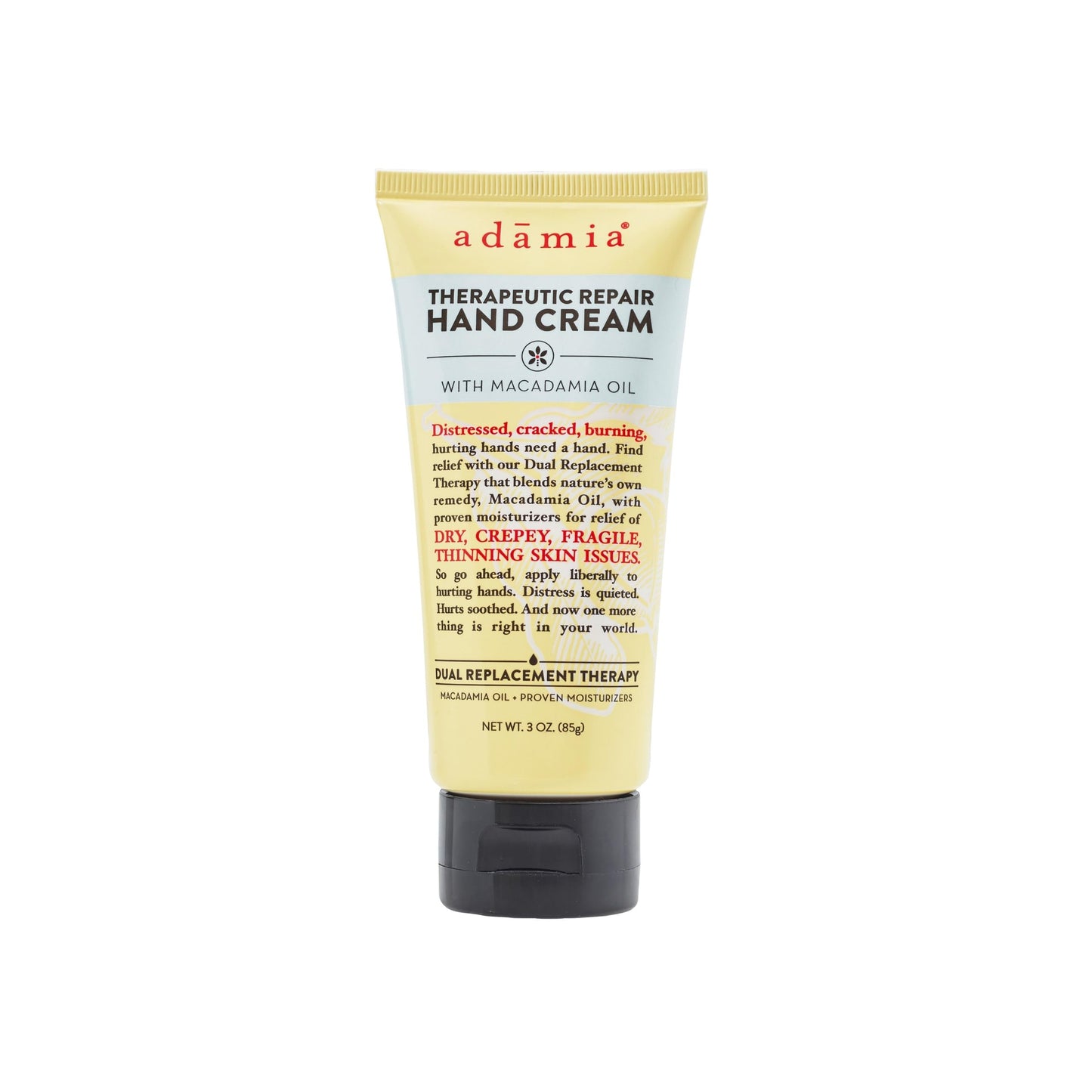 Adamia Therapeutic Repair Hand Cream with Macadamia Nut Oil and Promega-7, 3 Ounce Tube - Fragrance Free, Paraben Free, Non GMO.