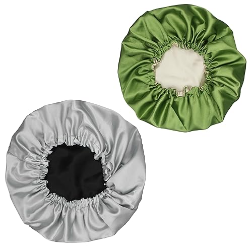Hanbertti 2pcs Double Layer Satin Sleep Cap, Adjustable Satin Cap, Silk Bonnet, Reusable Bath Hair Cap for Night Sleeping Reversible (Silver Black+