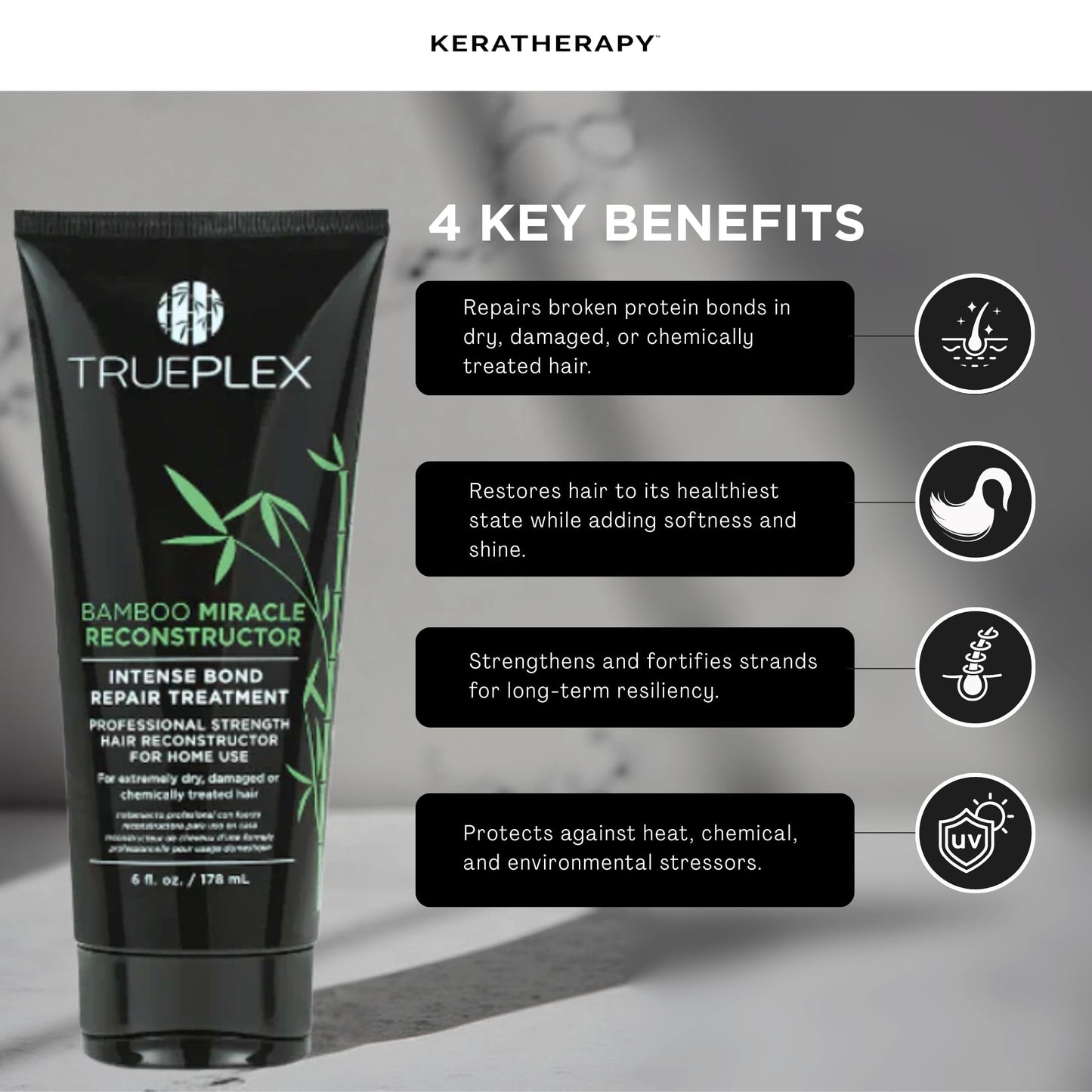 Trueplex KERATHERAPY Bamboo Miracle Reconstructor Bond Repair Treatment, 6 oz., 178 ml - Vegan Thermal Protection & Hair Strengthener for Damaged Hair