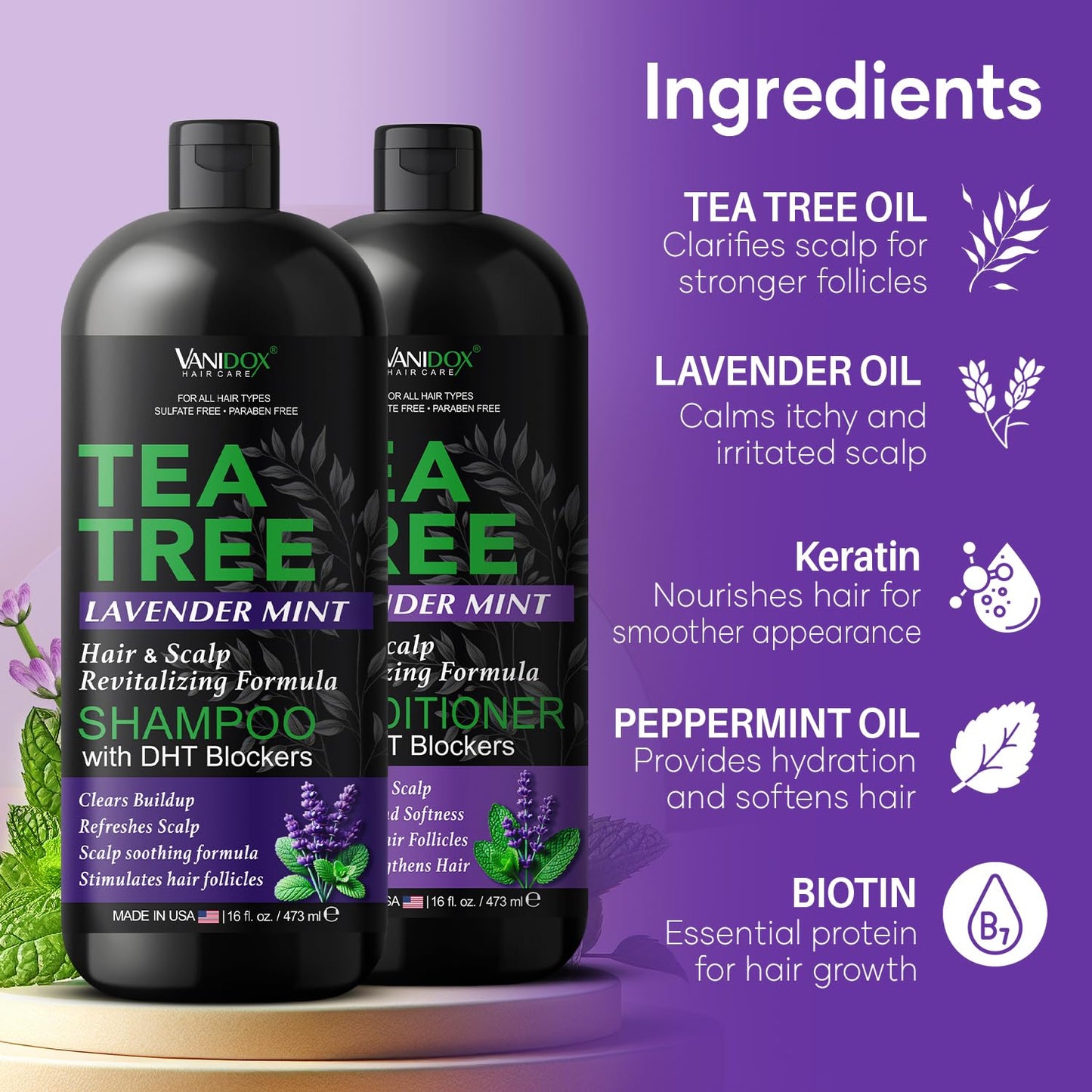 Vanidox Tea Tree Shampoo and Conditioner Set with Lavender and Mint | DHT Blockers | With 100% Pure Tea Tree Oil for Itchy, Dry Scalp | Sulfate