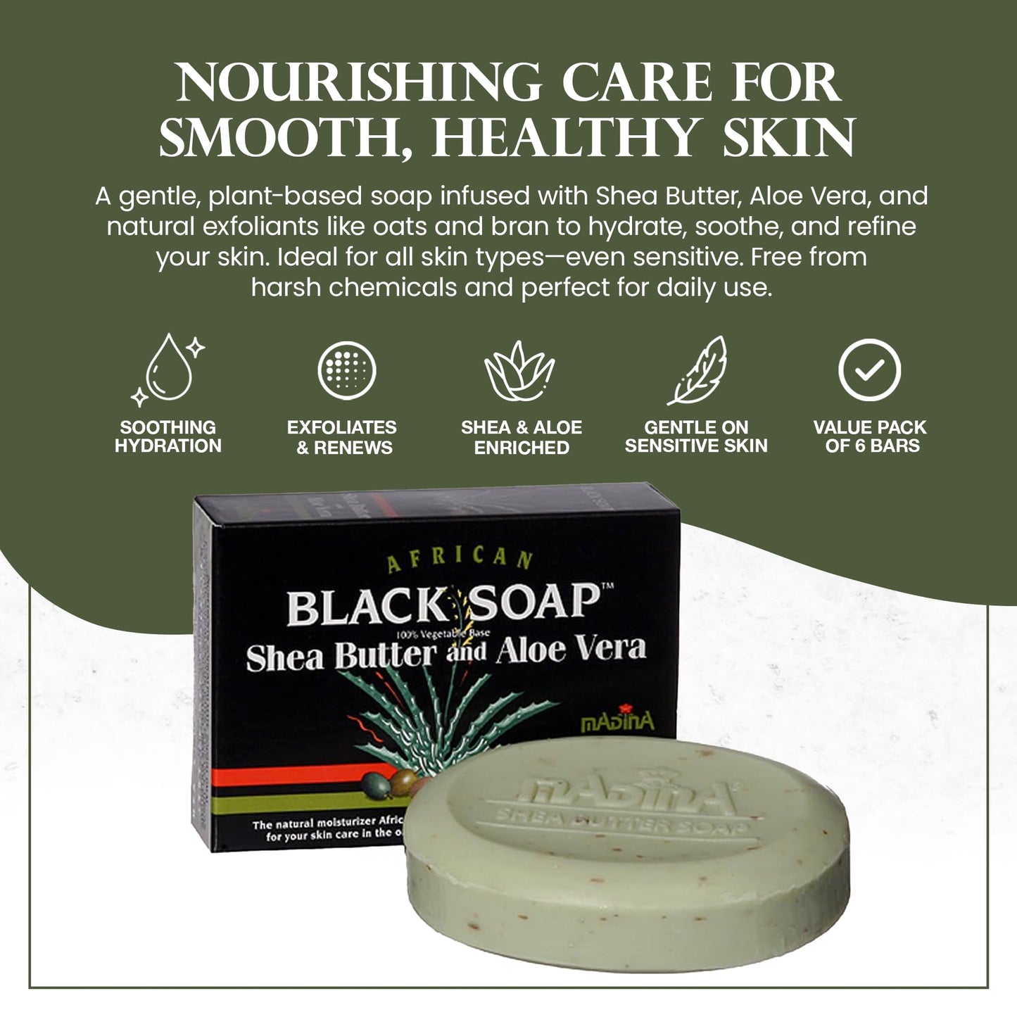 Madina African Black Soap Bar - Shea Butter, Aloe Vera, Moisturizing, Gentle Exfoliating, 100% Vegetable-Based, For All Skin Types, Face & Body