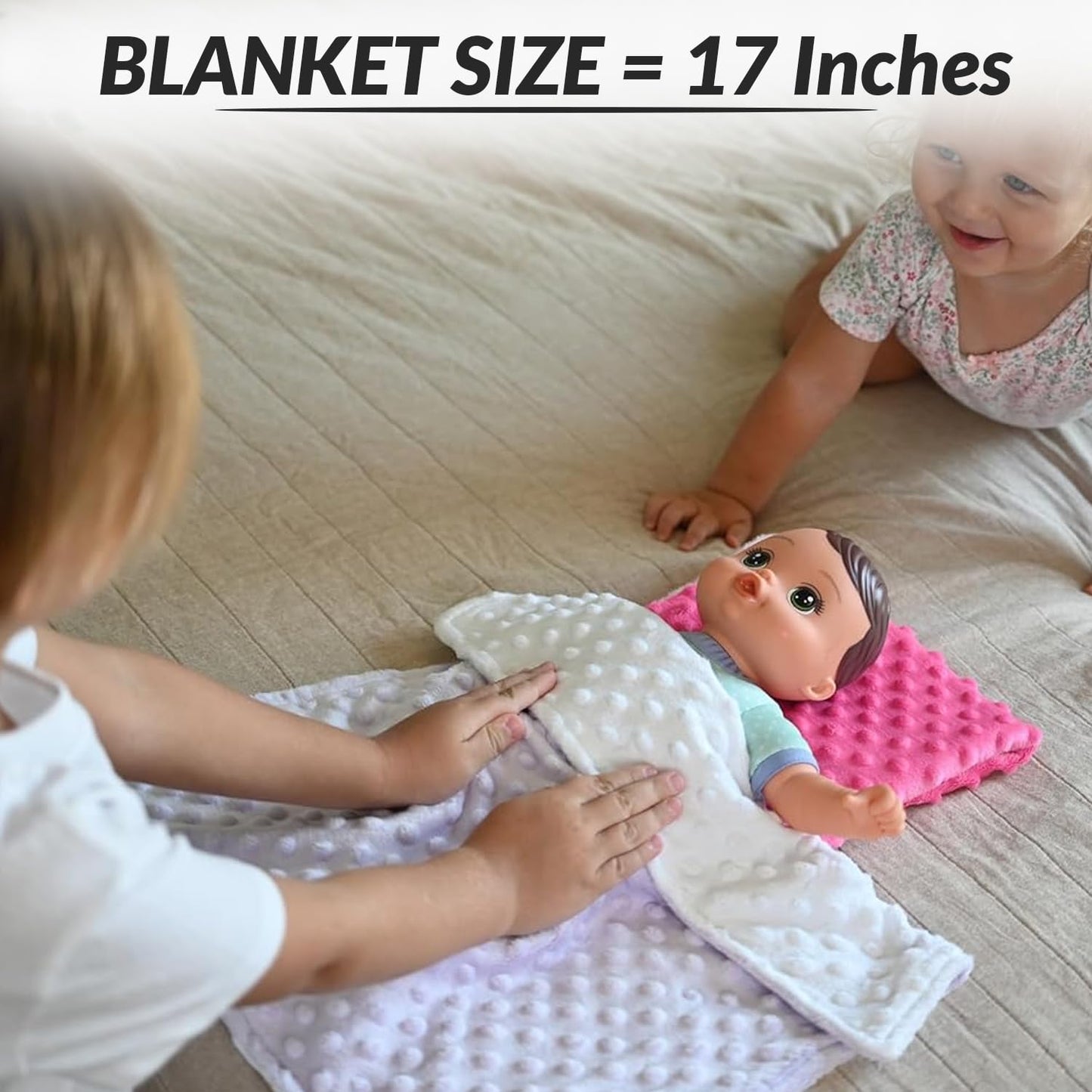 Baby Doll Blanket Set for 18 Inch, 15 Inch, and 12 Inch Dolls. Includes 2 Miniature, Plush, and Reversible 17" Baby Doll Blankets for Pretend Play.