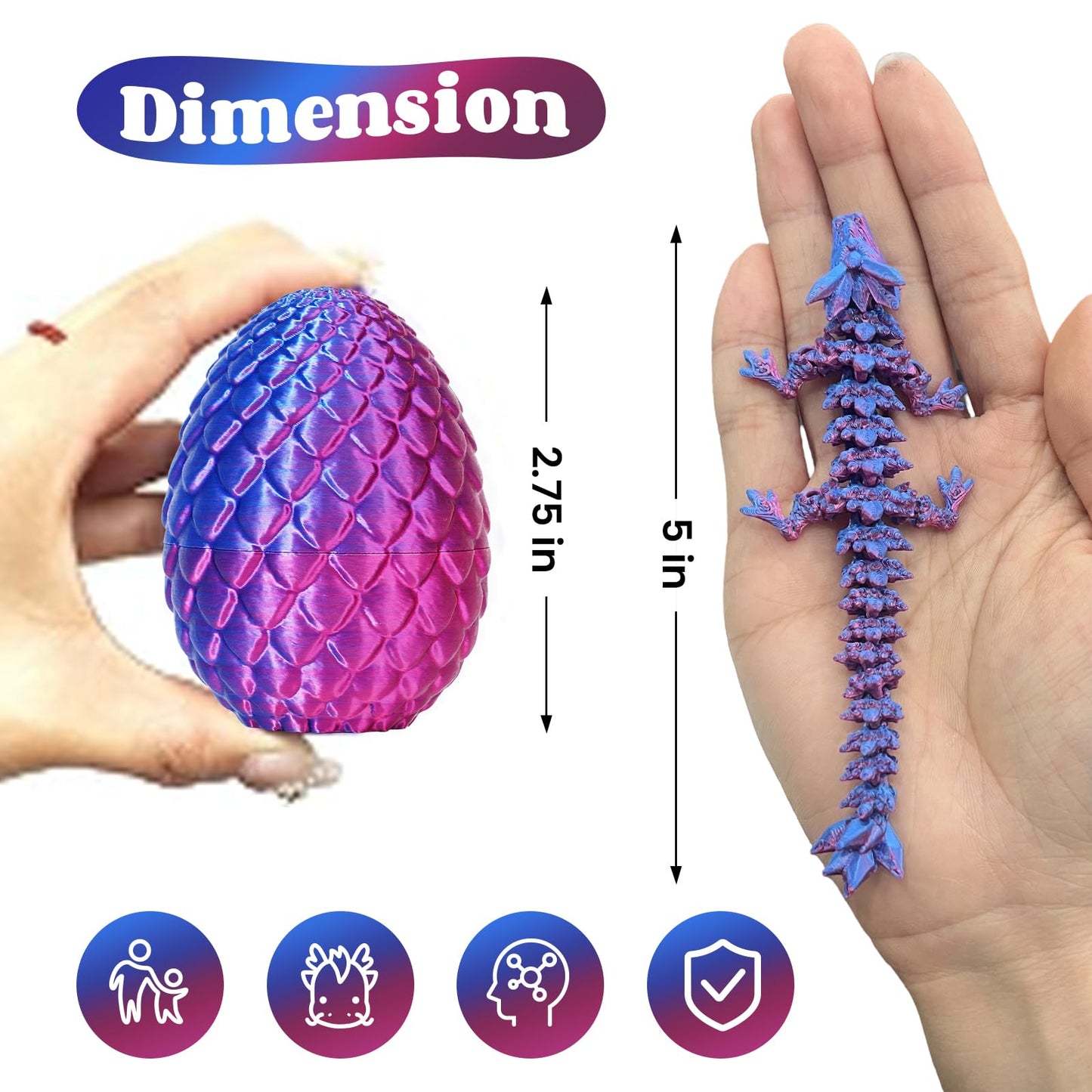 TBOLINE 4PCS 3D Printed Dragon Eggs – Articulated Crystal Dinosaur Fidget Toys, Small Dino Egg Figures for Kids Easter Gifts (4-Piece-C)