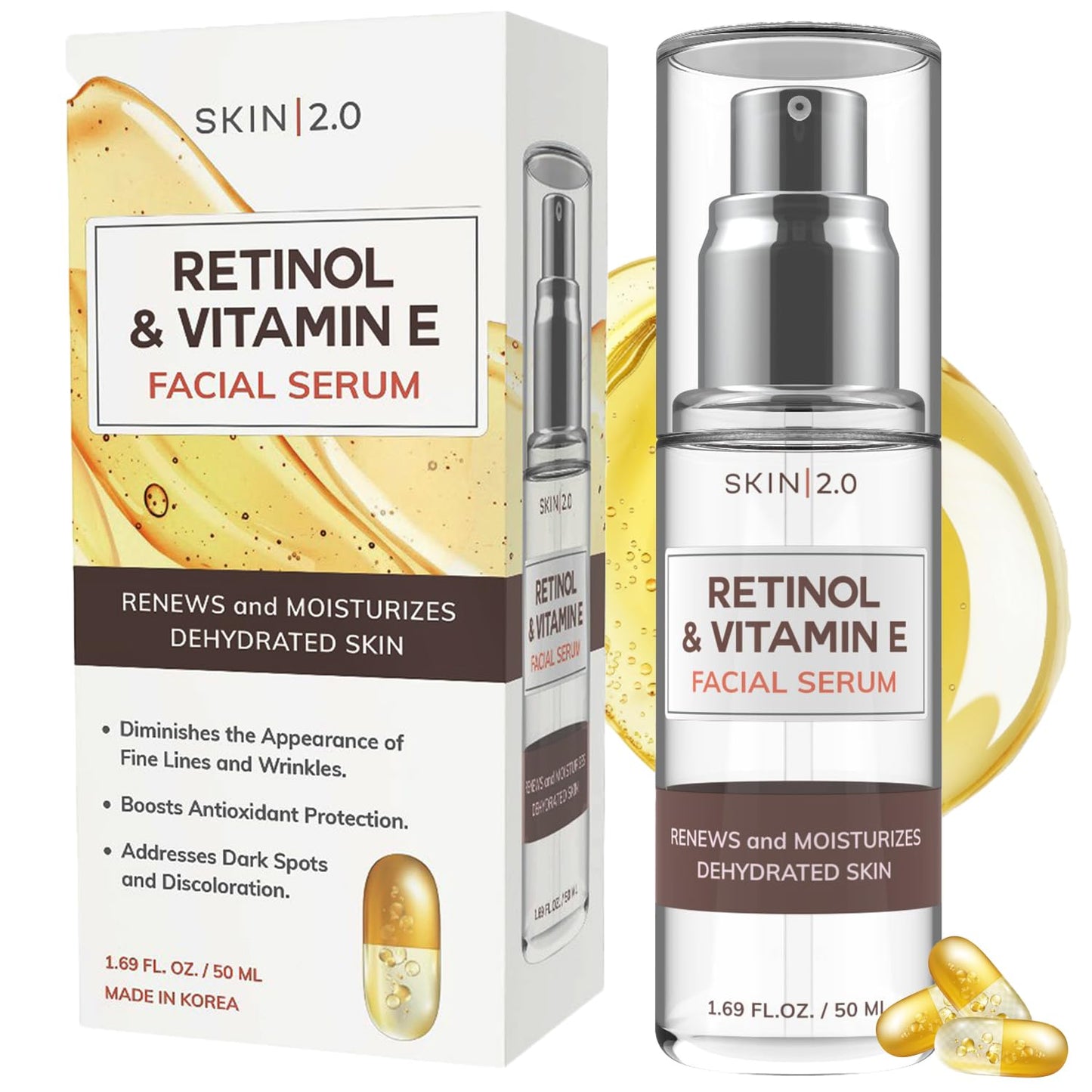 Skin 2.0 Retinol & Vitamin E Face Serum - 1.69 Fl. oz, Cruelty-Free, Reduces Acne Scars, Wrinkles, Anti-Aging, Skin Renewal, Hydrating, Korean Beauty