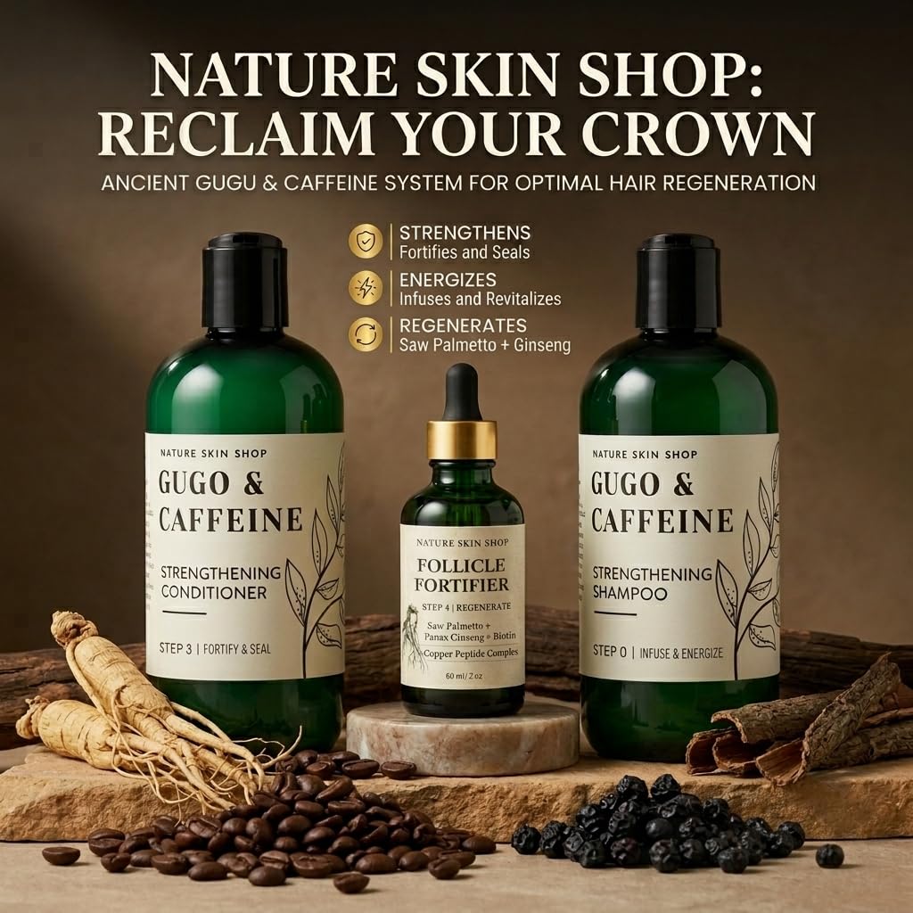 Nature Skin Shop Gugo and Copper Peptide Hair Mastery System 3 Piece Set with Strengthening Shampoo, Conditioner and 2 oz Scalp Serum