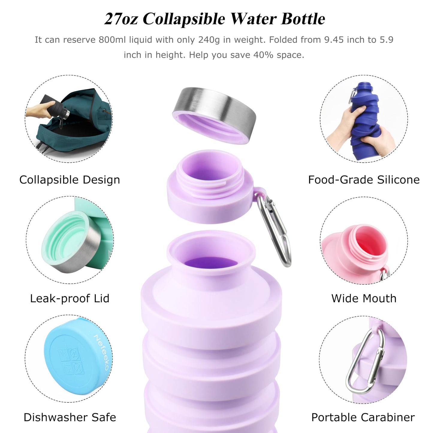 Nefeeko Collapsible Water Bottle, 27oz Reuseable BPA Free Silicone Foldable, Portable Leak Proof Sports Water Bottle with Carabiner for Travel Gym