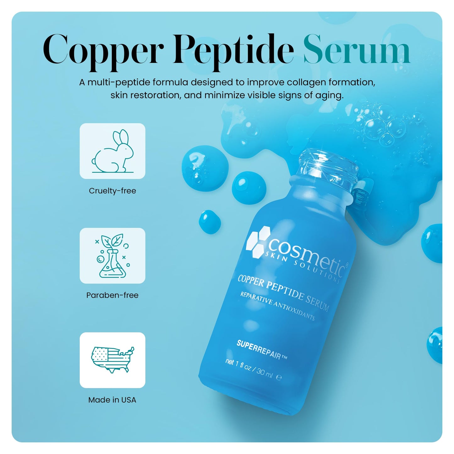 Copper Peptide Face Serum - Anti-Aging GHK-Cu Multi-Peptide Serum with Ceramides, Hyaluronic Acid & Collagen, Hydrating and Firming Skin Serum Beauty & Personal Care Cosmetic Skin Solutions