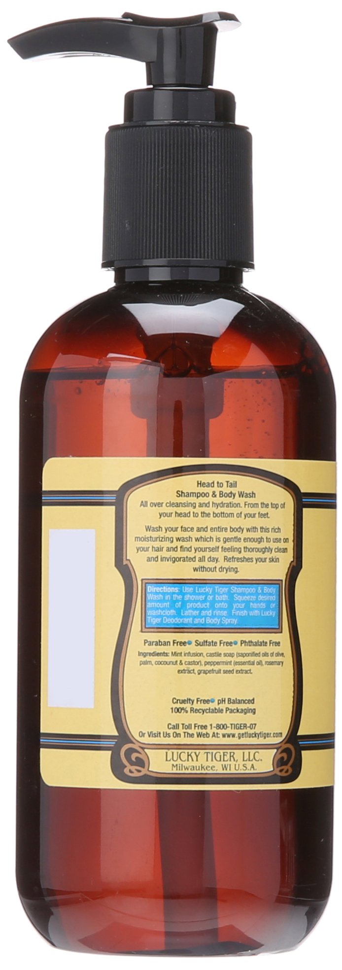 Lucky Tiger Shampoo and Body Wash (8 Oz) - All-in-One Mens Body Wash & Daily Shampoo - Invigorating Peppermint & Rosemary Formula -Sulfate-Free