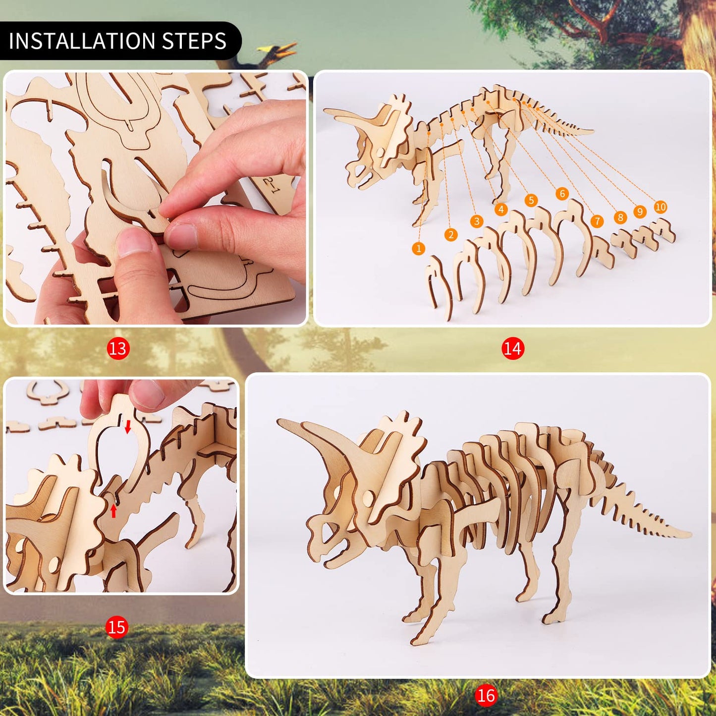 calary 3D Wooden Puzzle Simulation Animal Dinosaur Assembly DIY Model Toy for Kids and Adults,Set of 6