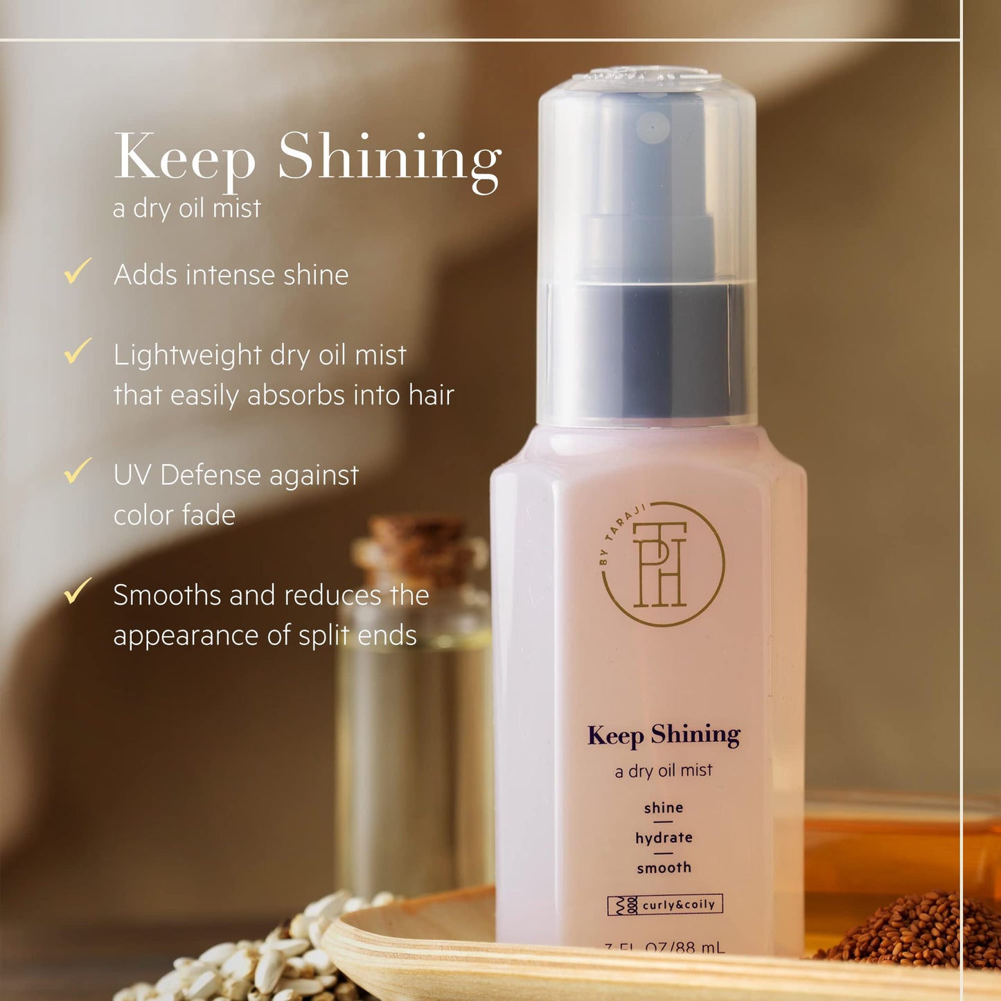 TPH BY TARAJI Keep Shining Dry Oil Mist for Coily & Curly Hair | Protective Gloss & Hair Shine Spray Helps Reduce the Look of Split of Ends | Cruelty