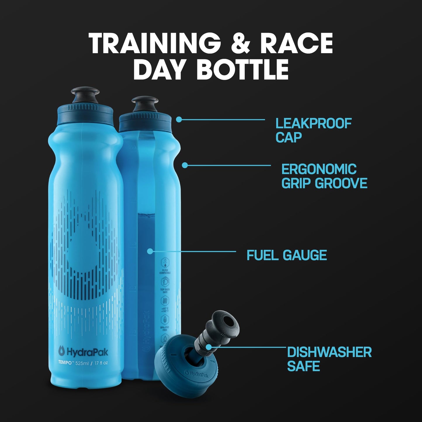 HydraPak Tempo Bottle 3-Pack - Handheld Running Water Bottle (400ml or 525ml) - Made For Runners, Marathon Training & Race Day, Perfect…