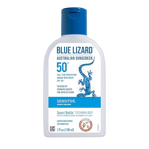 BLUE LIZARD Sensitive Mineral Sunscreen with Zinc Oxide, SPF 50+, Water Resistant, UVA/UVB Protection with Smart Bottle Technology - Fragrance Free, 5