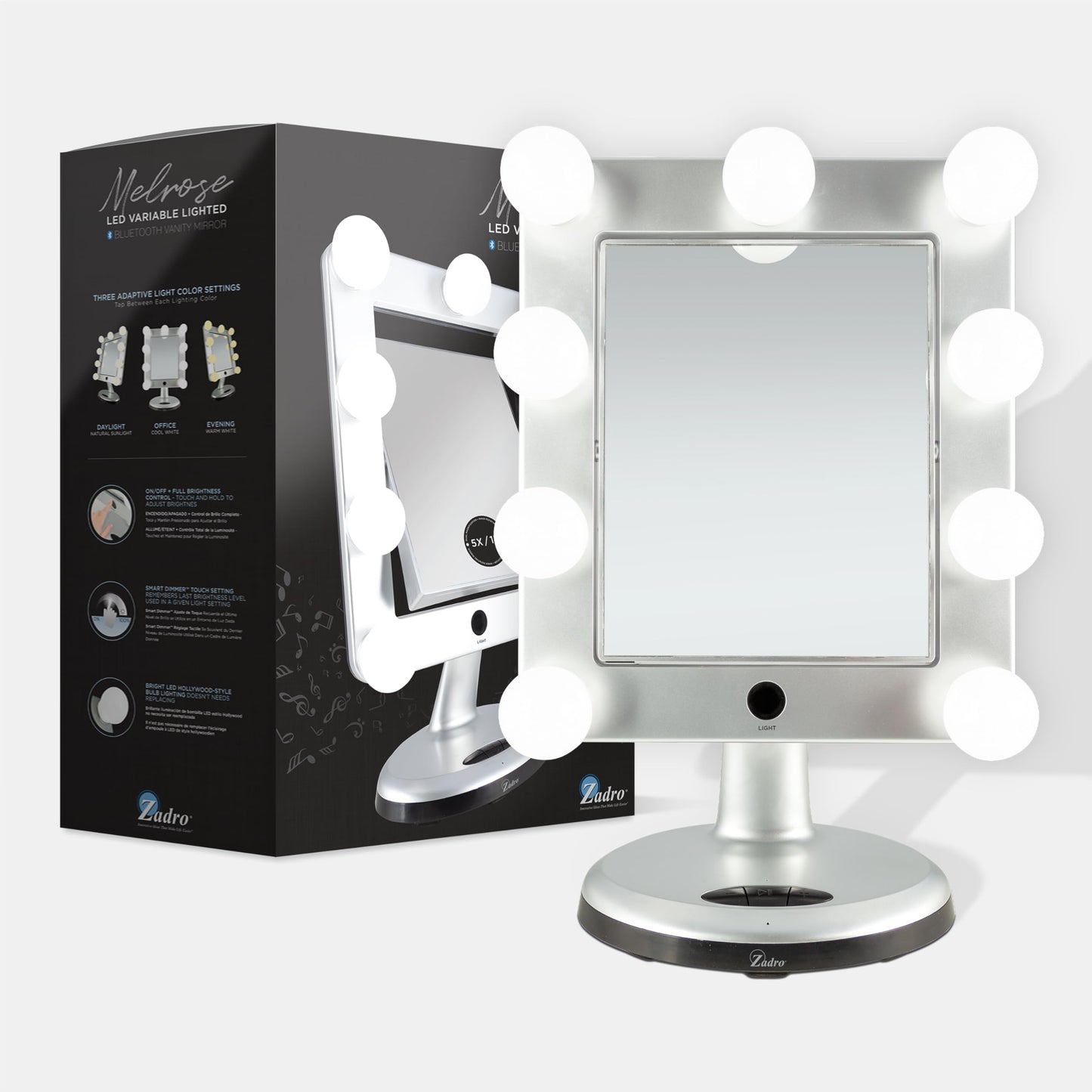 Zadro Melrose LED Variable 3-Color Lighted Dual-Sided 5X/1X Magnification Bluetooth Vanity Beauty Makeup Hollywood-Style Mirror, Satin Nickel