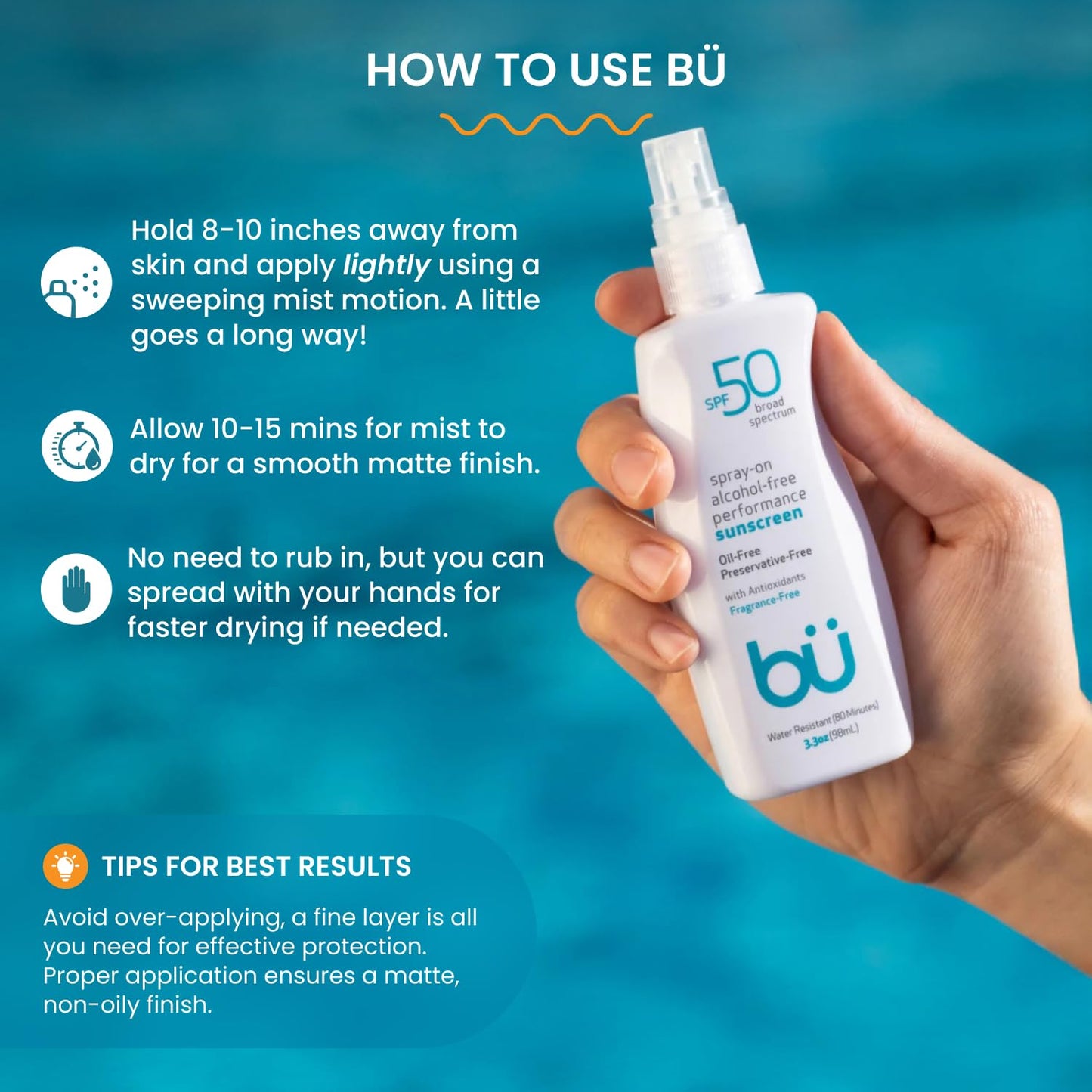 BU SPF 50 Sunscreen Spray 3.3 oz – Face & Body Sunblock for Sensitive Skin, Fragrance-Free, Clear, Non-Greasy, Water-Resistant Protection