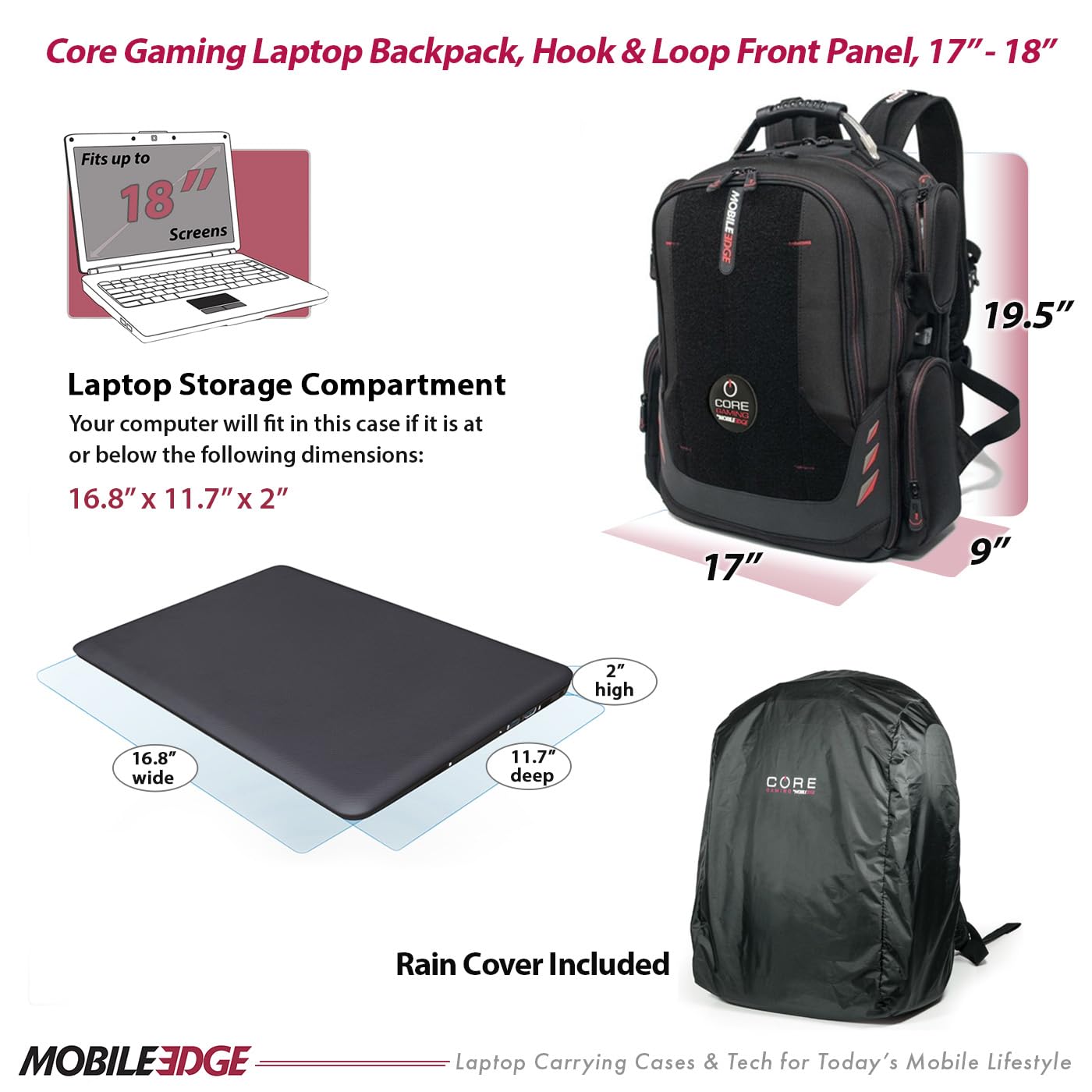 Mobile Edge CORE Gaming Laptop Backpack for 17-18 Inch Laptops with USB Charging Port and Cable, TSA-Friendly, MECGBPV1