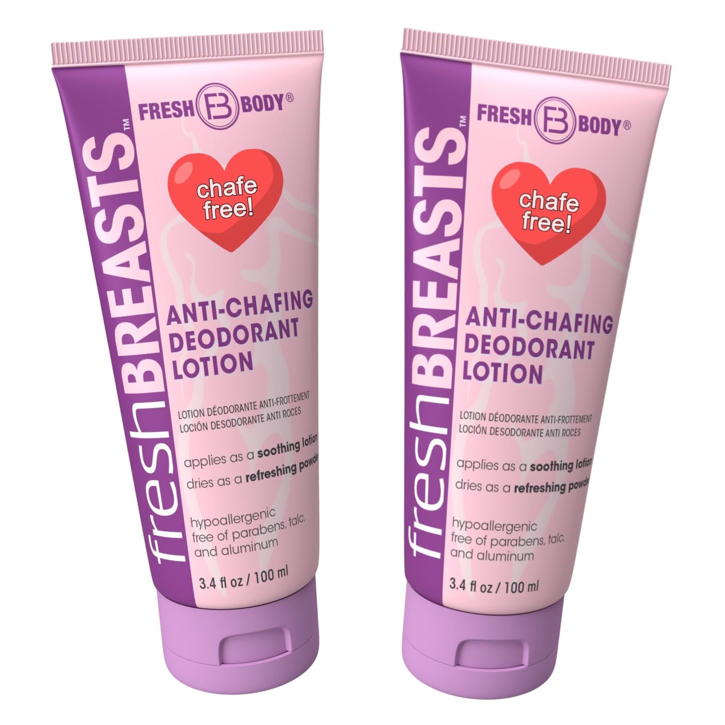 Fresh BREASTS Anti Chafing Deodorant Lotion to Powder, 3.4oz (2 Pack) - Anti Chafe Cream Whole Body Deodorant for Women, Inner Thighs & Areas that