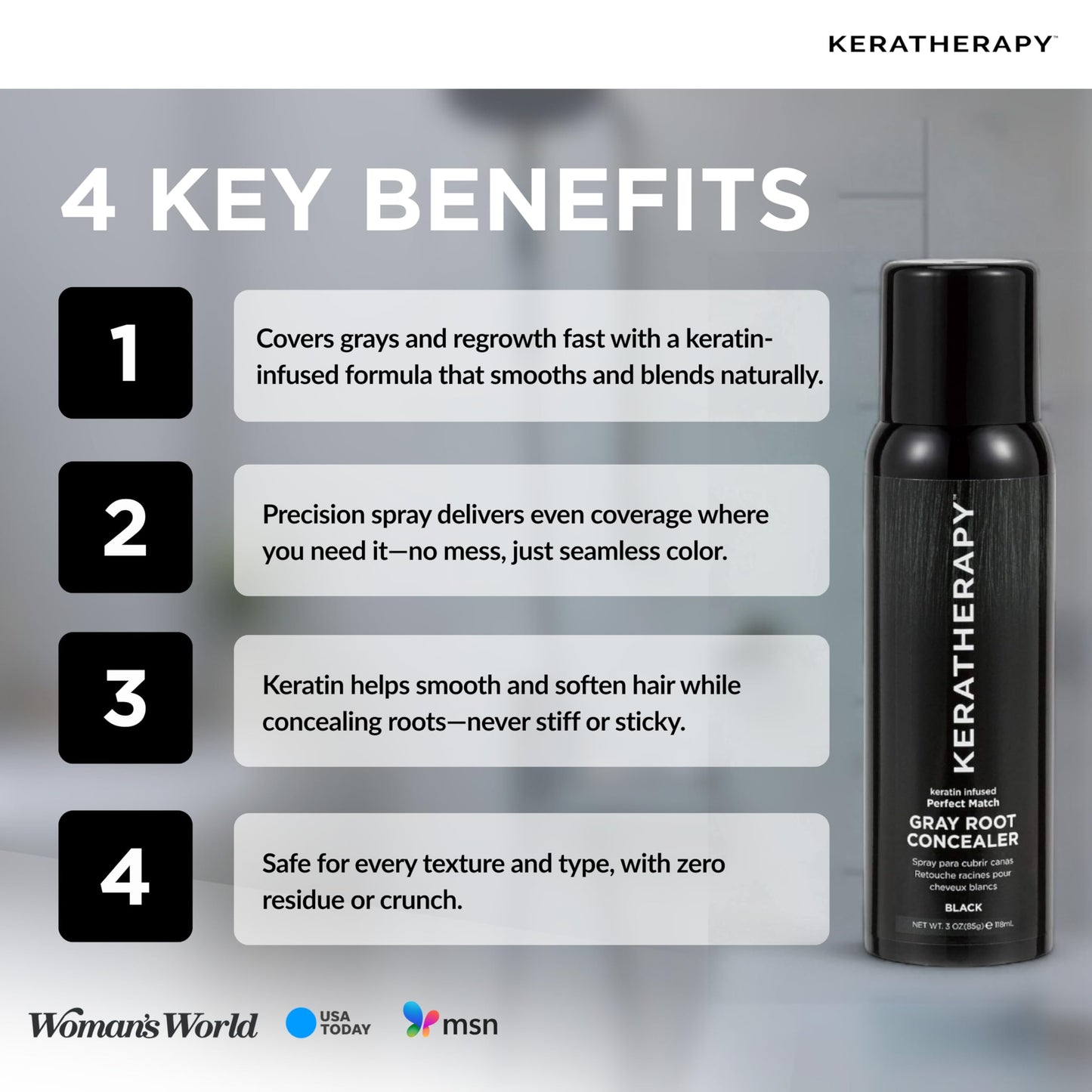 Keratherapy Keratin Infused Perfect Match Gray Root Concealer Spray, Black, 3 oz, 118 ml - Root Cover Up Spray to Hide Gray Roots - Keratin Therapy