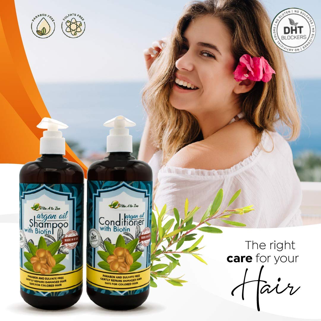 Vita A to Zee Moroccan Argan Oil Biotin Shampoo & Conditioner Set (2 x 16.9 Fl Oz) | Natural Hair Repair, Moisturization & Conditioning Treatment