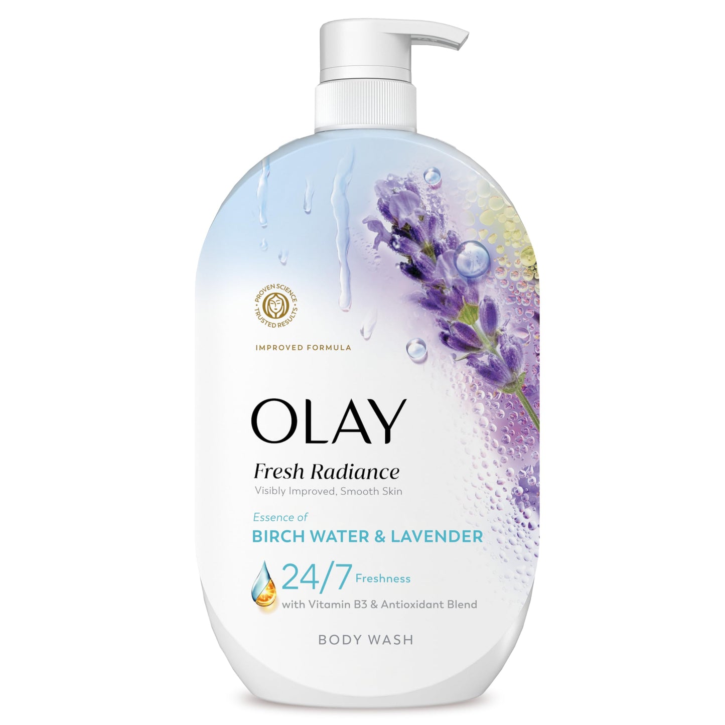 Olay Body Wash for Women, Fresh Radiance, 24/7 Skin-Loving Freshness, Visibly Radiant, Plant Based Cleansers, Vitamin B3 & Antioxidant Blend, For All