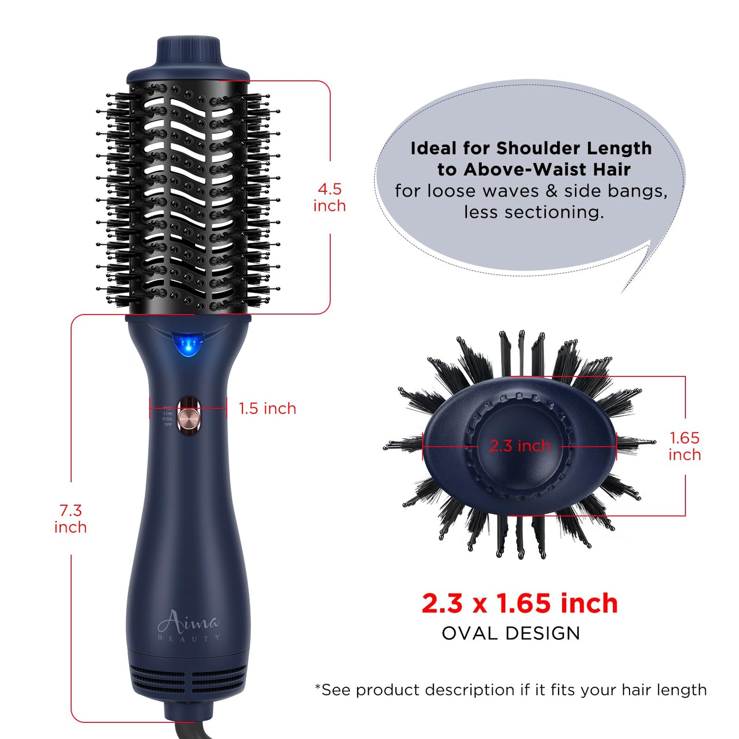 One Step Hair Dryer & Volumizing Brush, Aima Beauty Hair Styling Tool - Ceramic Straightener, Curler, Hot Air Styler & Ionic Salon Brush, Prussian