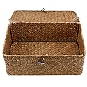 SM SunniMix Rectangular Handwoven Seagrass Storage Basket with Lid for Shelves and Home Organizer Bins for Toys, Books, Laundry, Clothes and More - S