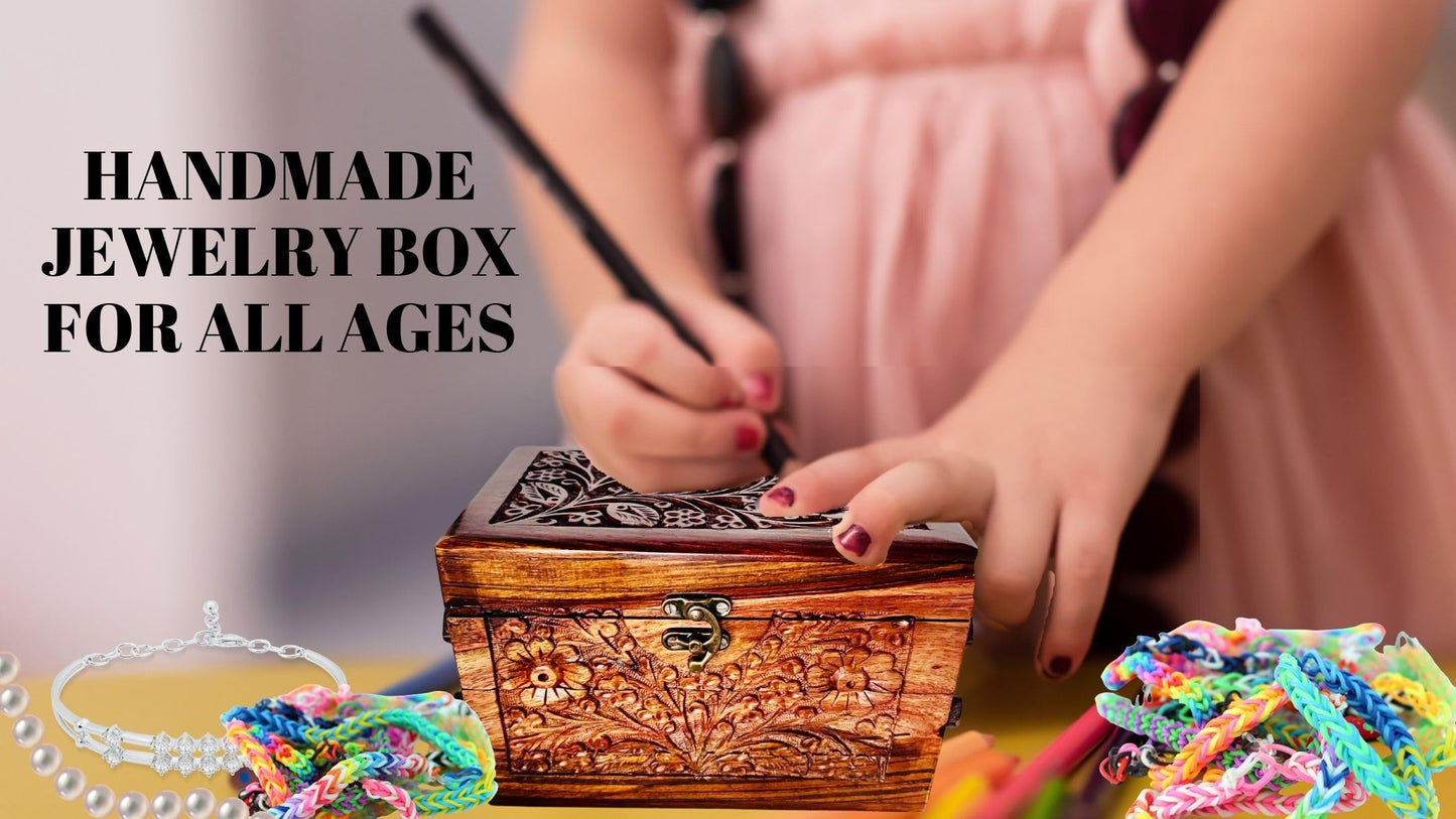 Eid Gifts - Handcrafted Jewelry Box with Floral Carvings, 3-Compartment Jewelry Organizer for Earrings, Rings, Necklaces (Large Size 8''x5''x5'')