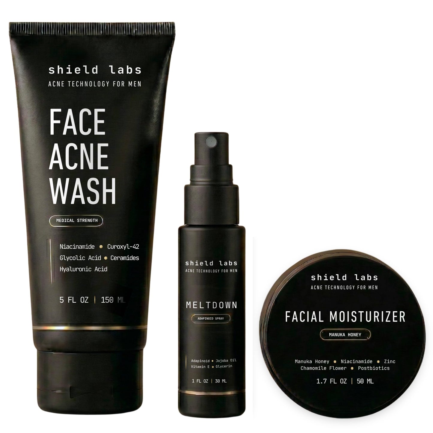 Shield Face Acne System for Men and Boys, Easy 3-Step Clear Skin Kit with 4% Benzoyl Peroxide Face Wash, Adapinoid Spray and Manuka Honey Moisturizer Beauty and Personal Care Shield