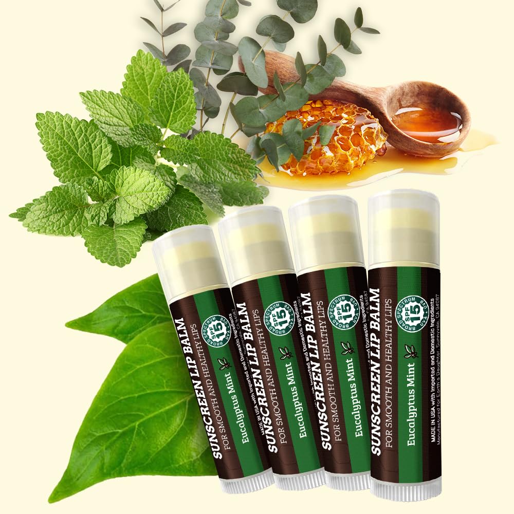Earth's Daughter SPF Lip Balm Eucalyptus Mint 4-Pack - Lip Sunscreen, SPF 15, Organic Ingredients, Beeswax, Coconut Oil, Vitamin E - Hypoallergenic