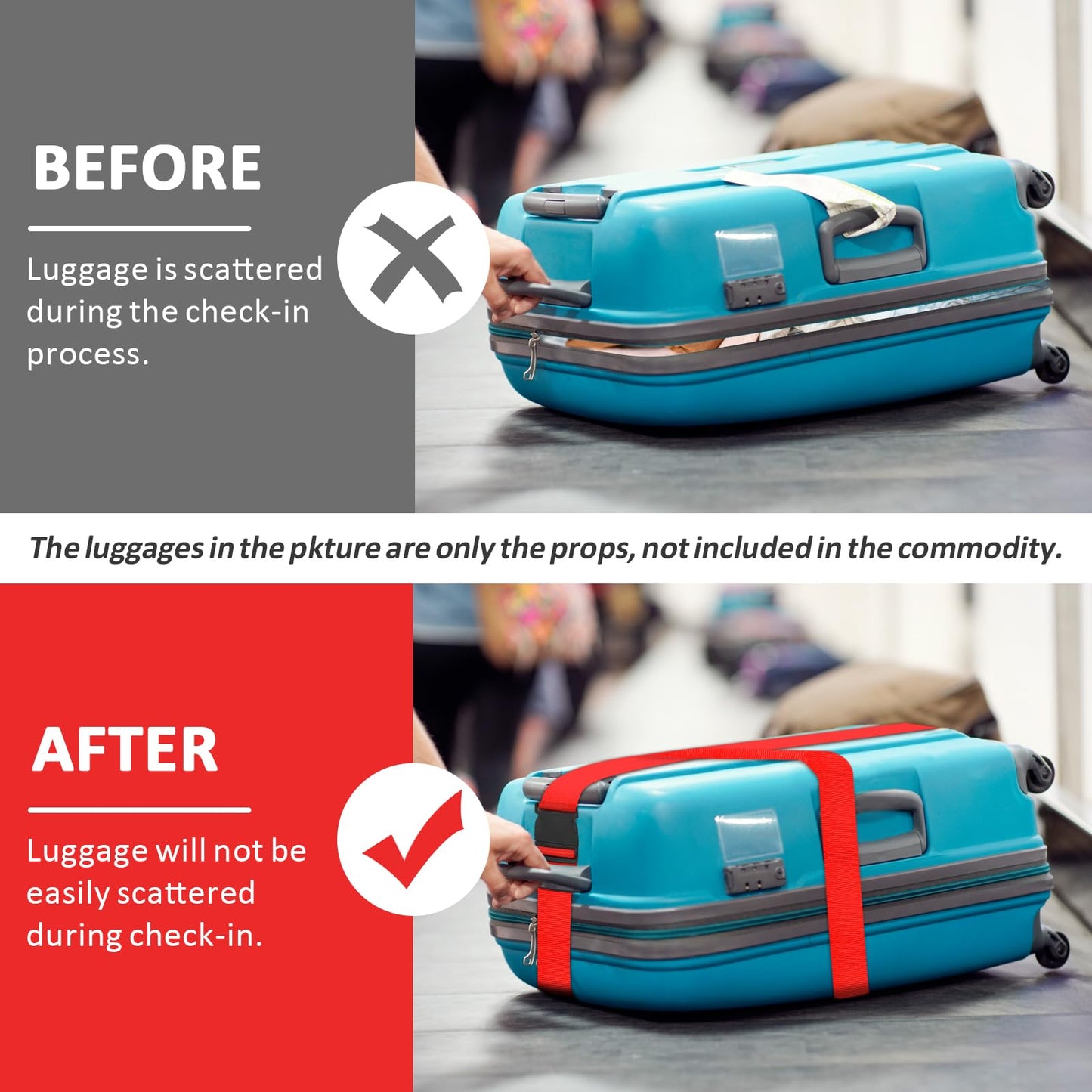 vivinin 4 Pack Luggage Straps – Adjustable Travel Luggage Belts with Buckle Closure for Suitcase Security and Bag Closure (Red)