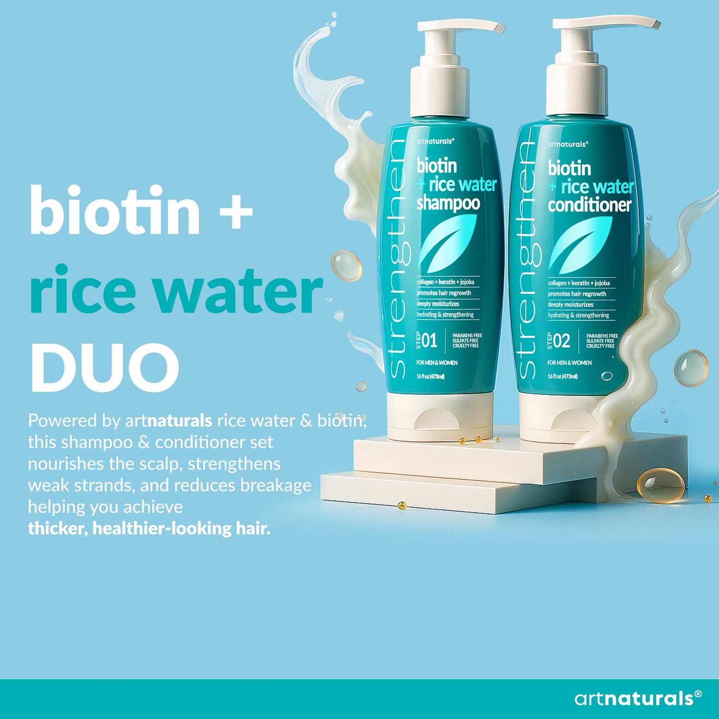 Biotin Rice Water Shampoo and Conditioner Set - Sulfate-Free Formula - Dual Bottle - Made with Collagen, Keratin, and Jojoba to Promote Strength