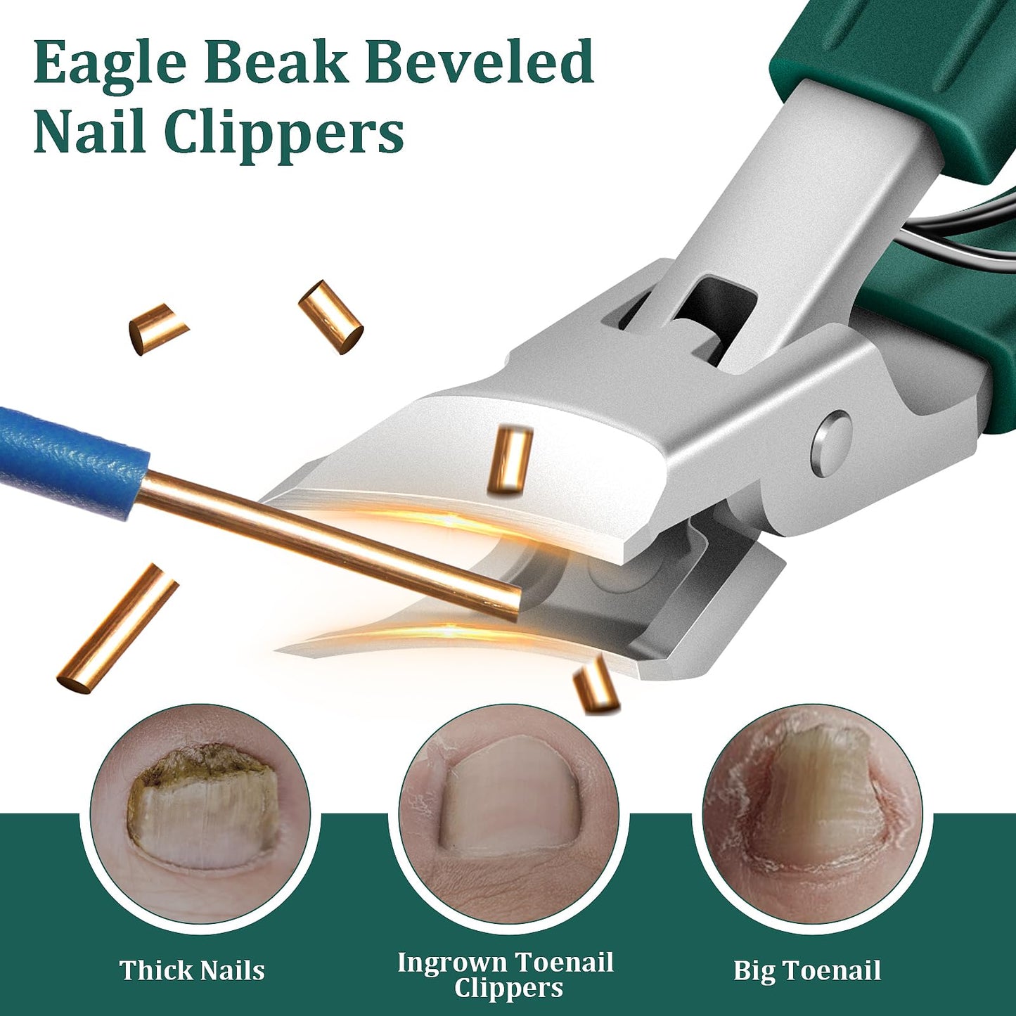 Eagle Beak Beveled Nail Clippers, Upgrade Stainless Steel Wide Jaw Opening Anti-Splash Nail Clipper Set of 3-Piece, Long Handle Angled Head Toenail Beauty and Personal Care Xeaejex