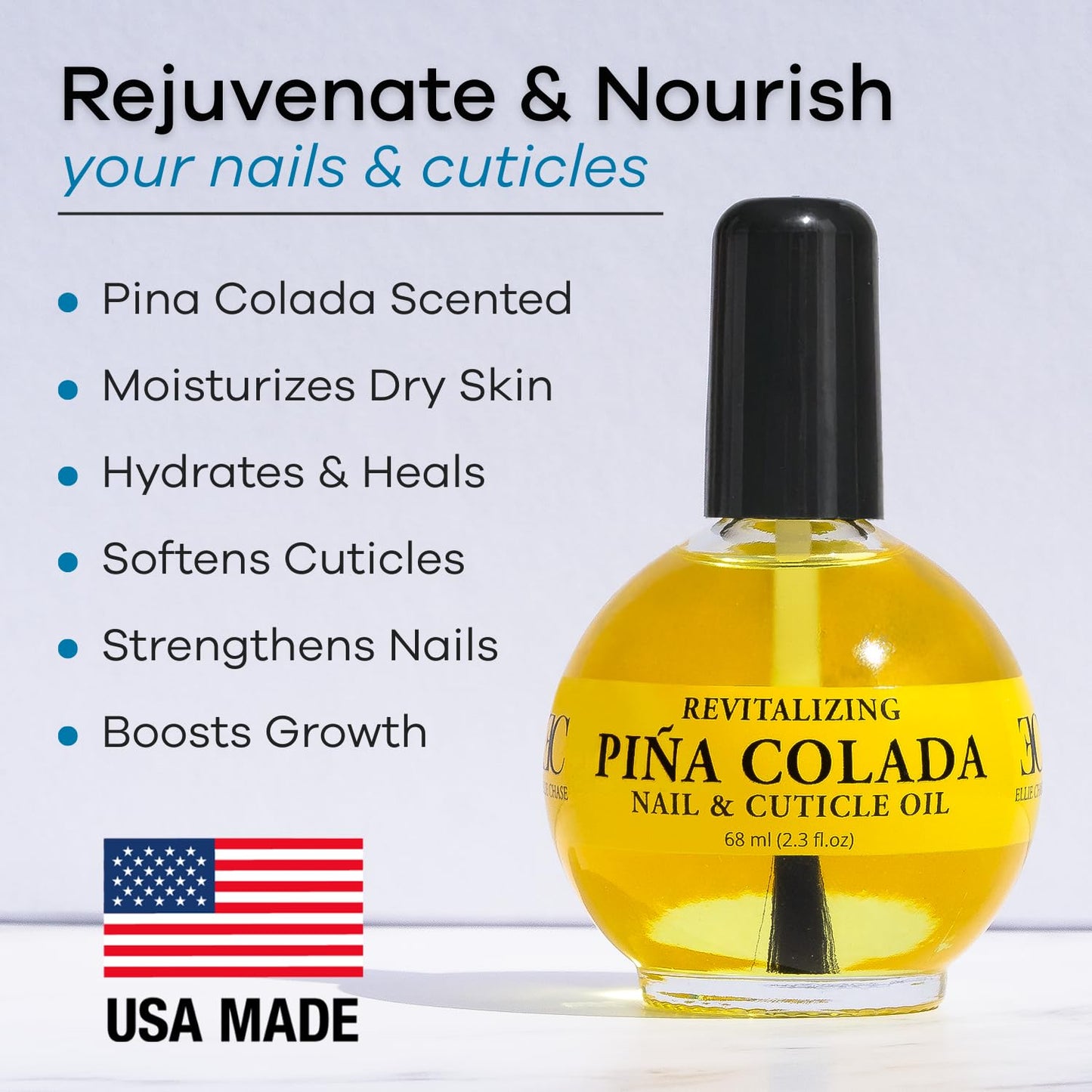 ELLIE CHASE Moisturizing Cuticle & Nail Care Oil 2.3 Fl Oz - Pina Colada Scented - Infused with Jojoba Oil, Aloe, Vitamin E - Nail & Cuticle