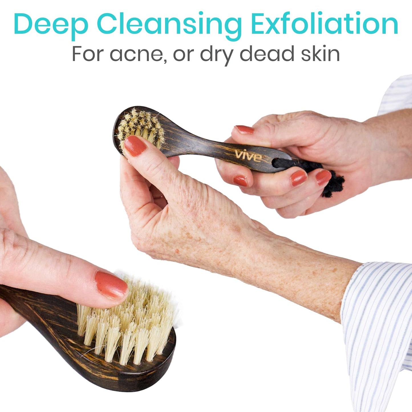 Vive Dry Brush Set for Lymphatic Drainage (3 Pieces) - Brushing Scrubber for Exfoliating, Body Cellulite and Skin Massage - 100% Natural Boar Hair