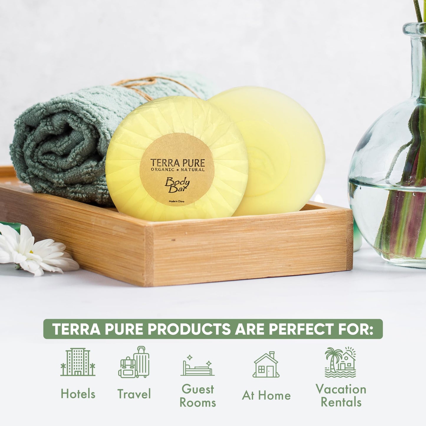 Terra Pure Bar Soap 1.25 oz Travel Size Body Bars | Individually Wrapped Bulk 350 Pack | Green Tea with Aloe & Olive Oil | Paraben Free Guest Beauty & Personal Care Terra Pure