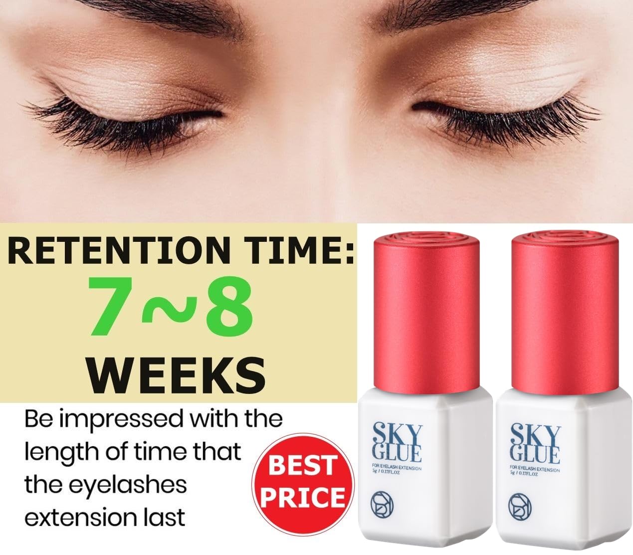 2 Bottles Sky Glue S+ for Eyelash Extension 5ml - Powerful Strong Professional Black Bonding Adhesive for Lash Extensions / 1-2s Fast Drying / 6-8